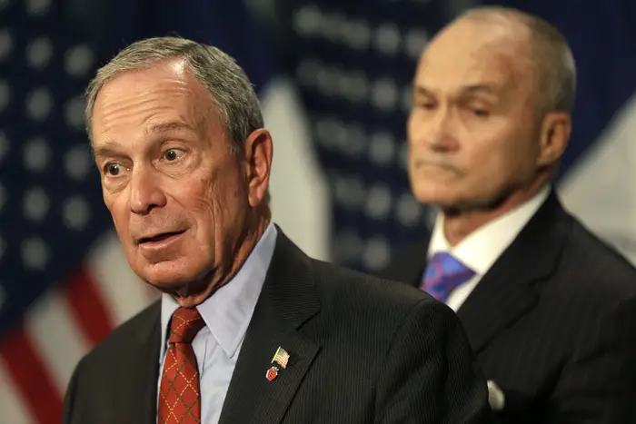 Michael Bloomberg standing beside Ray Kelly after a federal judge appointed a monitor to oversee the NYPD